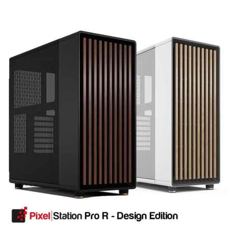 Zwei PC-Gehäuse, Schwarz mit dunkler Holzfront und Weiß mit heller Holzfront, ideal für Fotografen und Videografen.